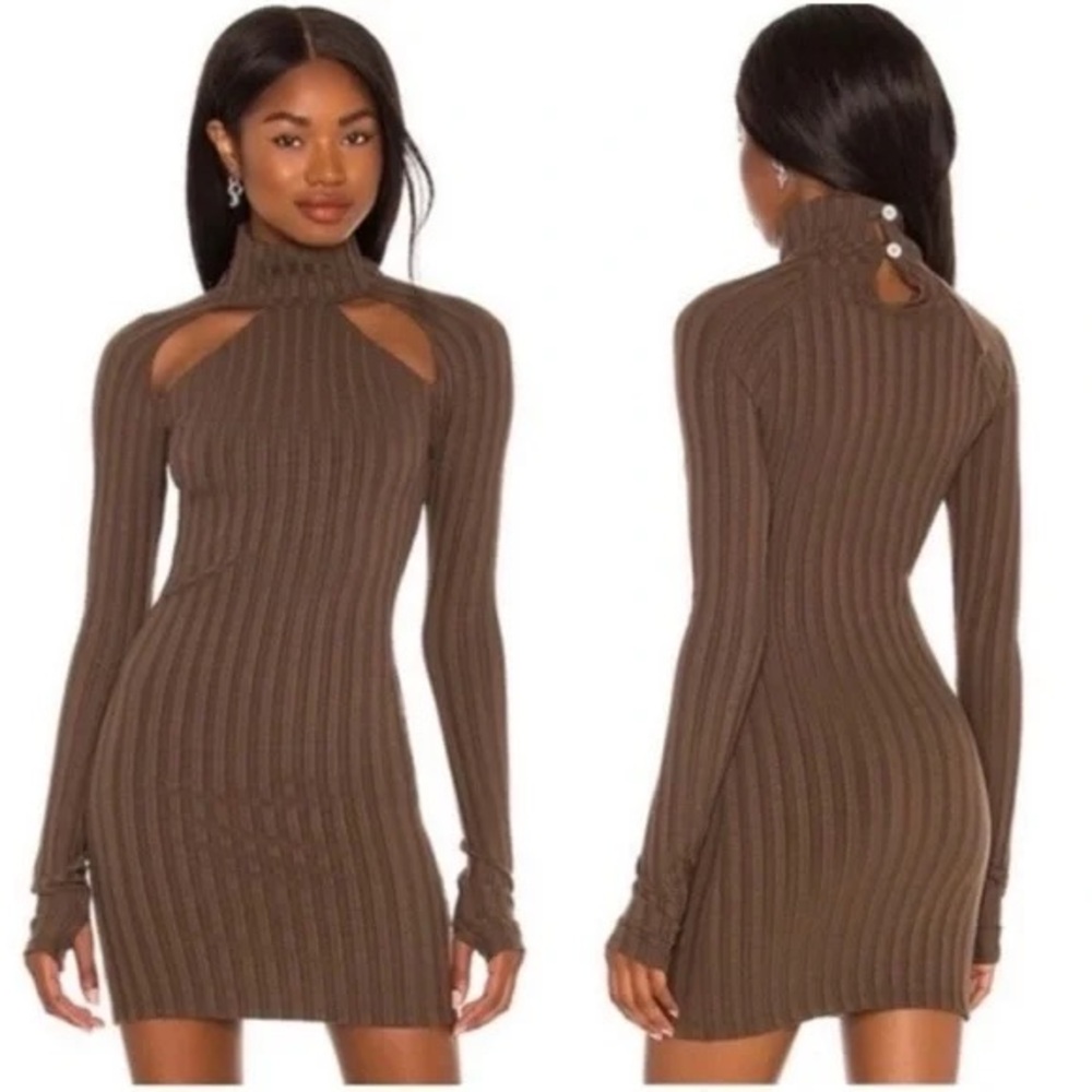 h:ours Brown Ribbed Long-Sleeve Mini Dress
